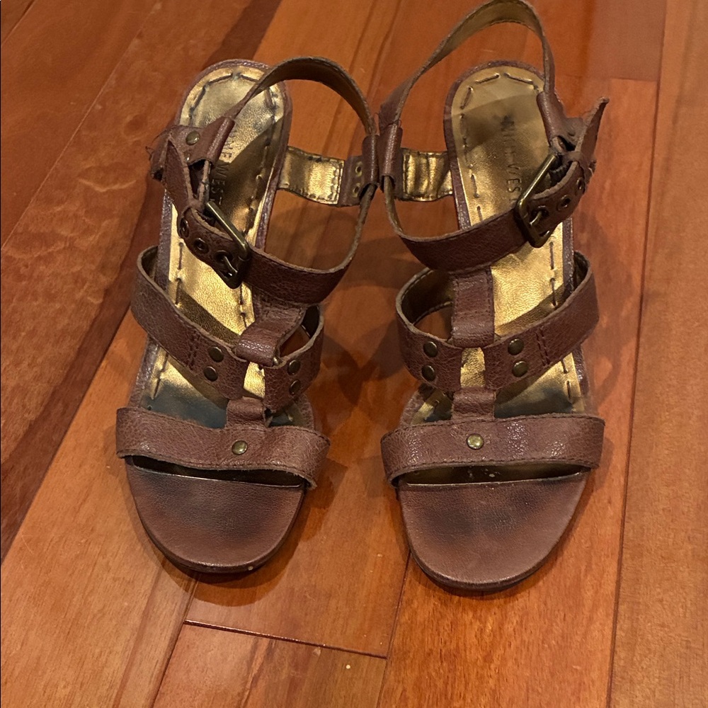 Nine West Brown Leather Wedge Sandals